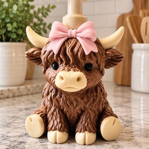 May include: A brown highland cow soap dispenser featuring a light pink bow between its horns, a cream-colored muzzle, and cream-colored hooves. The pump mechanism is light beige. The text 'the affluent sunflower' is printed at the bottom.
