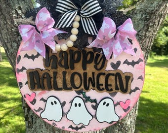 Pink Halloween Door Hanger: Laser Cut Wood Ghost - Fall Decor