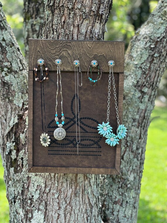 Engraved Leather Jewelry Holder: Western Boot Stitch Design with Conchos