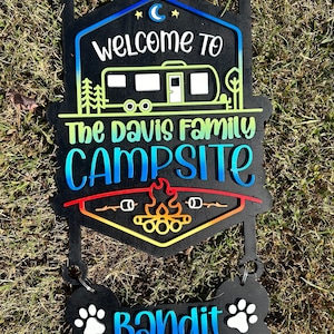 Welcome to Our Campsite with BOTTOM loops, Camper decorations, Personalized camper Sign, Hanging Custom Camp decor, camper decoration