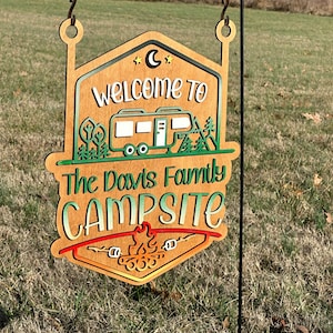 Welcome to Our Campsite, Camper decorations, Personalized camper Sign, Hanging Custom Camp decor, Family Name camper decoration