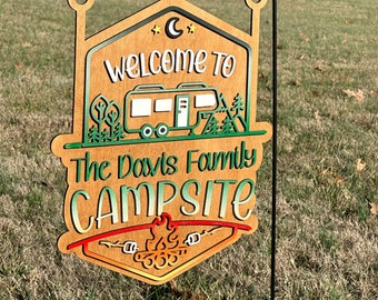 Welcome to Our Campsite, Camper decorations, Personalized camper Sign, Hanging Custom Camp decor, Family Name camper decoration