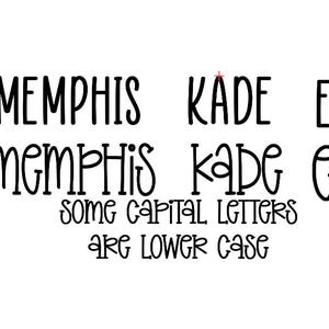 May include: Two different fonts are shown, one with all capital letters and the other with some capital letters and some lowercase letters. The words shown are "MEMPHIS", "KADE", and "EMMA".