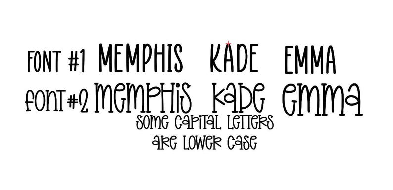May include: Two different fonts are shown, one with all capital letters and the other with some capital letters and some lowercase letters. The words shown are "MEMPHIS", "KADE", and "EMMA".