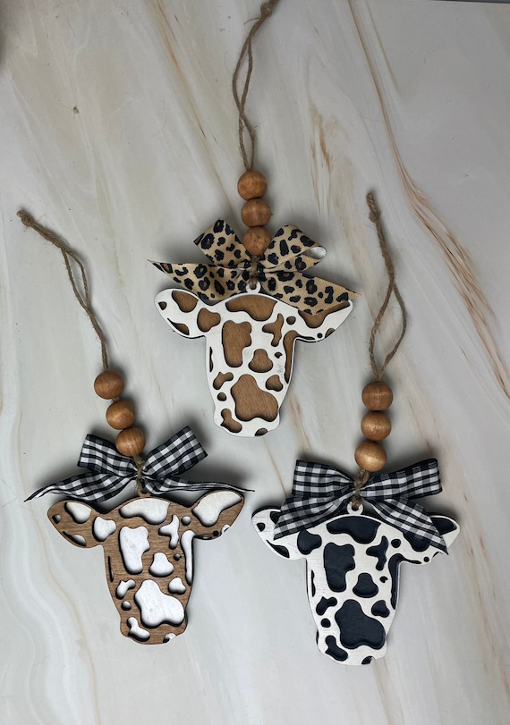 Wooden Cow Car Charm: Monogram Rear View Mirror Hanging