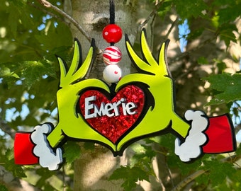 Personalized Grinch Heart Christmas Ornament: Glitter Whoville Gift
