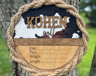 Western Baby Announcement Sign: Custom Nursery Decor, Faux Cowprint