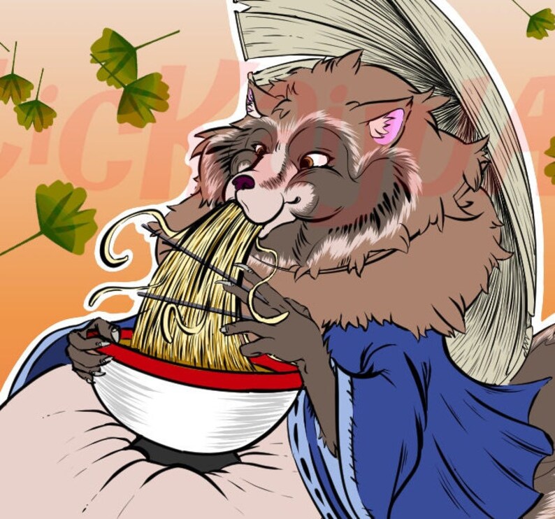 Tanuki たぬき eating Ramen Japanese Yokai Original Etsy