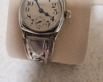 Vintage 1920 Elgin Cushion Case watch with sterling silver band