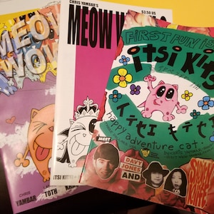 May include: Three comic books featuring a pink cat character with the title "Itsi Kitsi Happy Adventure Cat." The comic book cover features a green background with pink, yellow, and purple flowers. The comic book is $3.50 USD.