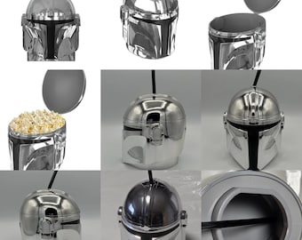 Mandalorian Helmet Popcorn Bucket and Helmet Drink Bucket With Straw Combo. Silver Mandalorian Helmet Popcorn Bucket and Helmet Drink Bucket
