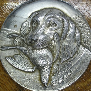 Vintage Hunting Dog Bas-Relief Wall Art: Signed Metal Sculpture Pair