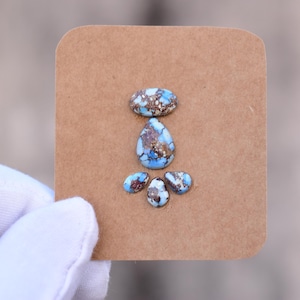 May include: A collection of turquoise gemstones with brown matrix patterns, displayed on a brown card. The stones vary in shape, including oval and teardrop, and are held by a gloved hand. The stones have a blue and brown color.