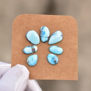 May include: Seven light blue turquoise gemstones with brown veining are arranged in a circular pattern on a brown card. The gemstones are oval and teardrop-shaped. The card is held by a gloved hand.