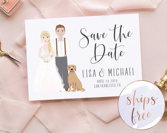 Illustrated couple portrait Save the Date, click now to personalize your own bride and groom cartoon!