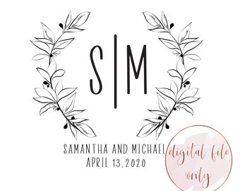 Digital wedding wreath monogram, wedding logo, personalized wedding logo, DIGITAL FILE ONLY