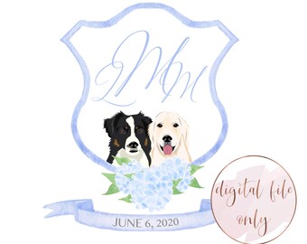 Custom watercolor crest, dog portrait wedding crest, digital wedding logo with pet illustration, DIGITAL FILE ONLY