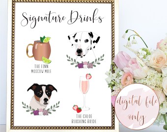 Custom 2 pet illustrated signature cocktail sign, dog signature drink illustration, dog portrait, cat portrait, DIGITAL FILE ONLY