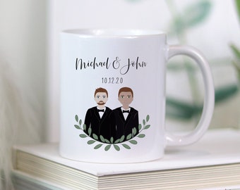 Custom Gay Wedding Illustration mug, two grooms, gay couple wedding gift, wedding illustration, couple cartoon