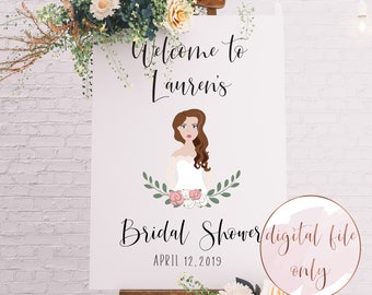 Bridal shower welcome sign, custom bridal illustration, bride cartoon, custom portrait, printable welcome sign, DIGITAL FILE ONLY