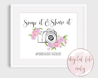 Watercolor floral hashtag sign, print at home, custom hashtag print, DIGITAL FILE ONLY