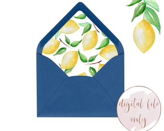 Watercolor lemon envelope liner, instant download, printable A7 euro flap liner, Mediterranean wedding, DIGITAL FILE ONLY