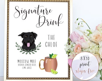 Custom pet signature drink sign, 8x10 print, illustrated bar sign, dog portrait, cat portrait