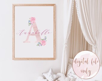 Custom floral letter nursery name sign, baby girl printable, girl nursery decor, watercolor letter art, DIGITAL FILE ONLY