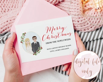 Just married custom holiday card printable, First Married Christmas Card, Bride and Groom portrait cartoon, DIGITAL FILE ONLY