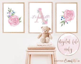 Custom floral letter nursery name sign set of 3, baby girl printable, girl nursery decor, watercolor letter art, DIGITAL FILE ONLY