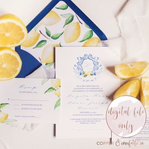 Mediterranean wedding invitation suite with watercolor lemons, click now to customize! DIGITAL FILE ONLY