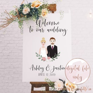 Custom portrait wedding welcome sign, bridal illustration, bride and groom cartoon, printable welcome sign, DIGITAL FILE ONLY