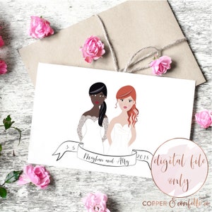 Custom two brides illustration, personalized same sex wedding portrait DIGITAL FILE ONLY image 1