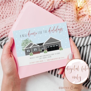 We hebben kerstkaart verplaatst, aangepaste illustratiekaart nieuw huis, klik nu om je eigen kerstkaart voor het nieuwe huis te personaliseren! ALLEEN DIGITAAL BESTAND