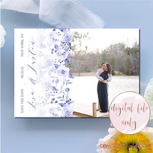 Blue and White Save the Date,  Watercolor save the date, Grandmillenial Save the date, Floral, Photo save the date, DIGITAL FILE ONLY