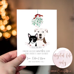 Tarjeta navideña personalizada con 2 retratos de mascotas, muérdago de acuarela, tarjeta de Navidad ilustrada para perros o gatos, SOLO ARCHIVO DIGITAL