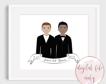 Custom two grooms illustration, personalized same sex wedding portrait DIGITAL FILE ONLY