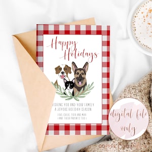 Tarjeta navideña personalizada con retratos de 3 mascotas. ¡Haga clic ahora para personalizar su propia tarjeta navideña ilustrada con un perro o un gato! SOLO ARCHIVO DIGITAL