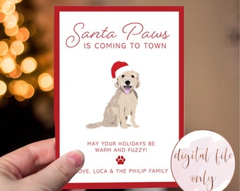 Custom Santa Paws pet illustration holiday card, dog portrait Christmas Card, Cat portrait, pet illustration, DIGITAL FILE ONLY