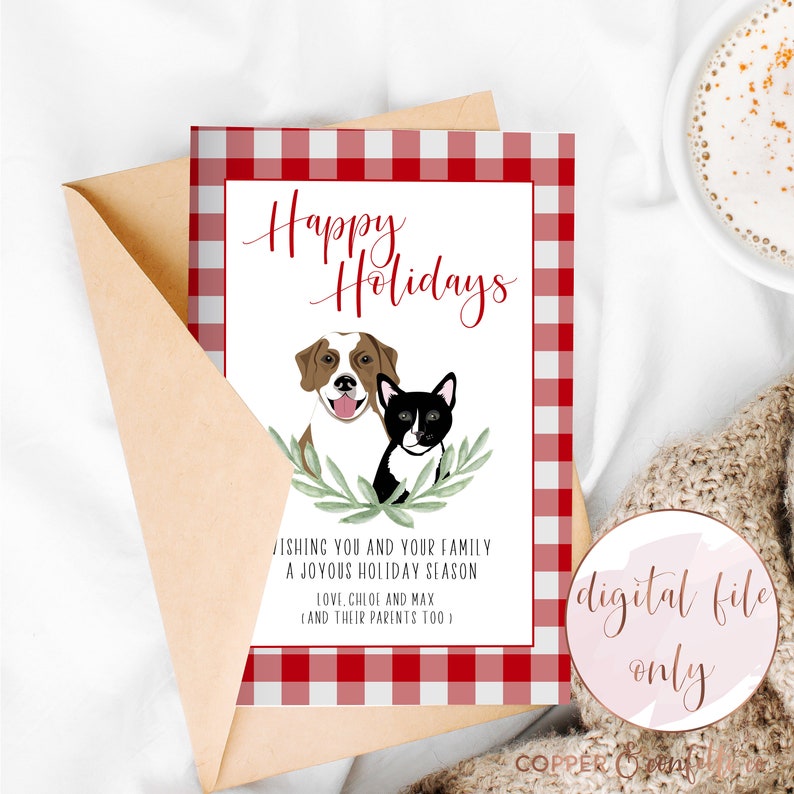 Custom 2 pet portrait holiday card, click now to personalize your own illustrated dog or cat Christmas card DIGITAL FILE ONLY image 1