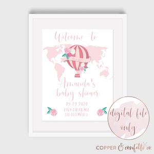 Pink hot air balloon baby shower welcome sign, girl baby shower, printable welcome sign, DIGITAL FILE ONLY