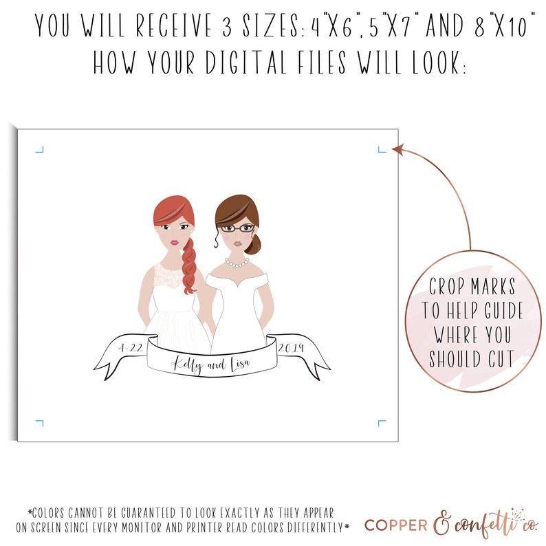 Custom two brides illustration, personalized same sex wedding portrait DIGITAL FILE ONLY image 2