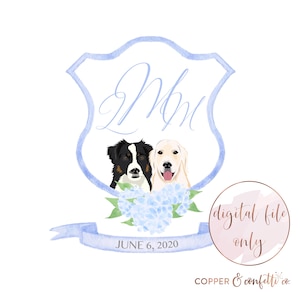 Custom watercolor crest, dog portrait wedding crest, digital wedding logo with pet illustration, DIGITAL FILE ONLY