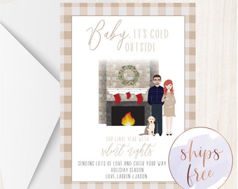 Custom Gender Neutral Pregnancy Announcement Christmas Card, Expecting, Baby Announcement Holiday Card with cartoon portrait