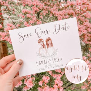 Custom lesbian Save the Date illustration, click now to personalize! DIGITAL FILE ONLY