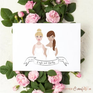 Custom two brides illustration, personalized same sex wedding portrait DIGITAL FILE ONLY image 6