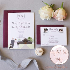 Illustrated couple and venue wedding invitation suite, click now to personalize your own! DIGITAL FILE ONLY