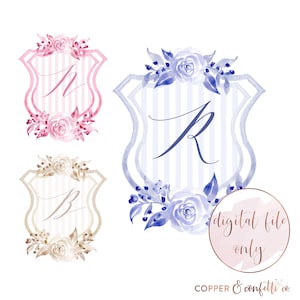 Watercolor wedding crest, floral monogram, digital wedding logo, grandmillenial wedding, DIGITAL FILE ONLY