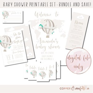 Baby Shower Printable Bundle, Gender neutral baby shower, hot air balloon, travel theme shower DIGITAL FILE ONLY