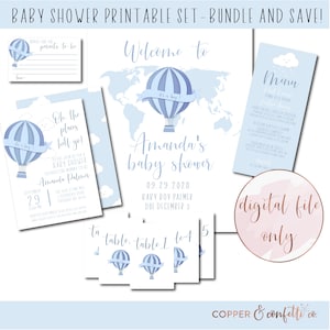 Baby Shower Printable Bundle, Blue hot air balloon, baby boy shower invitation,  travel theme shower DIGITAL FILE ONLY